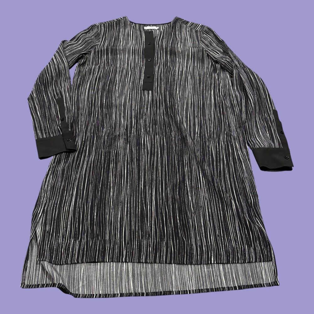 Vince Shift Dress Women S Black White Silk Stripe Printed Side Slit Button Front